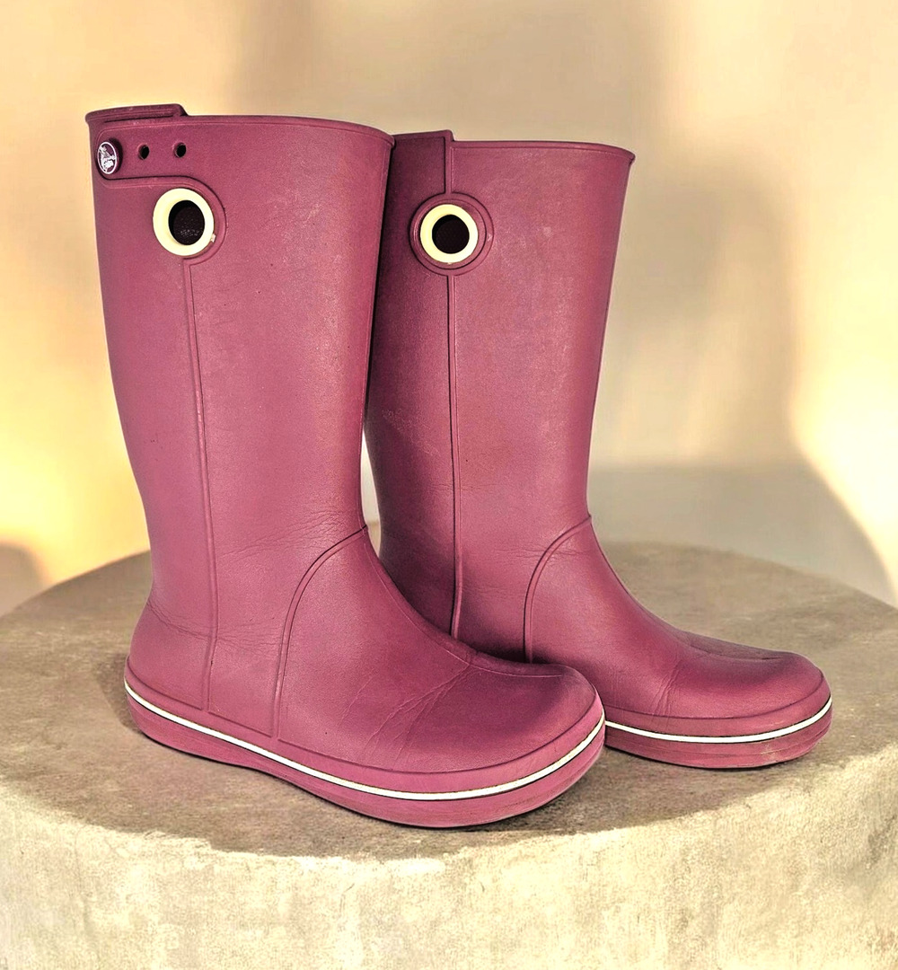 Crocs Jaunt Tall Rain Boots Pink White Trim Women's Size 7 Waterproof Pull On